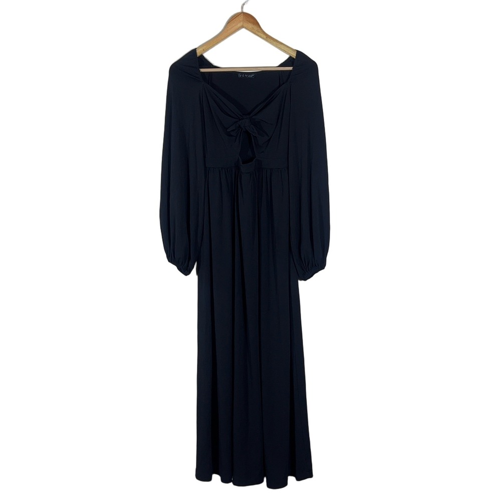 Venus Tie Front Keyhole Solid Maxi Dress Black Romantic Balloon Sleeve Size L